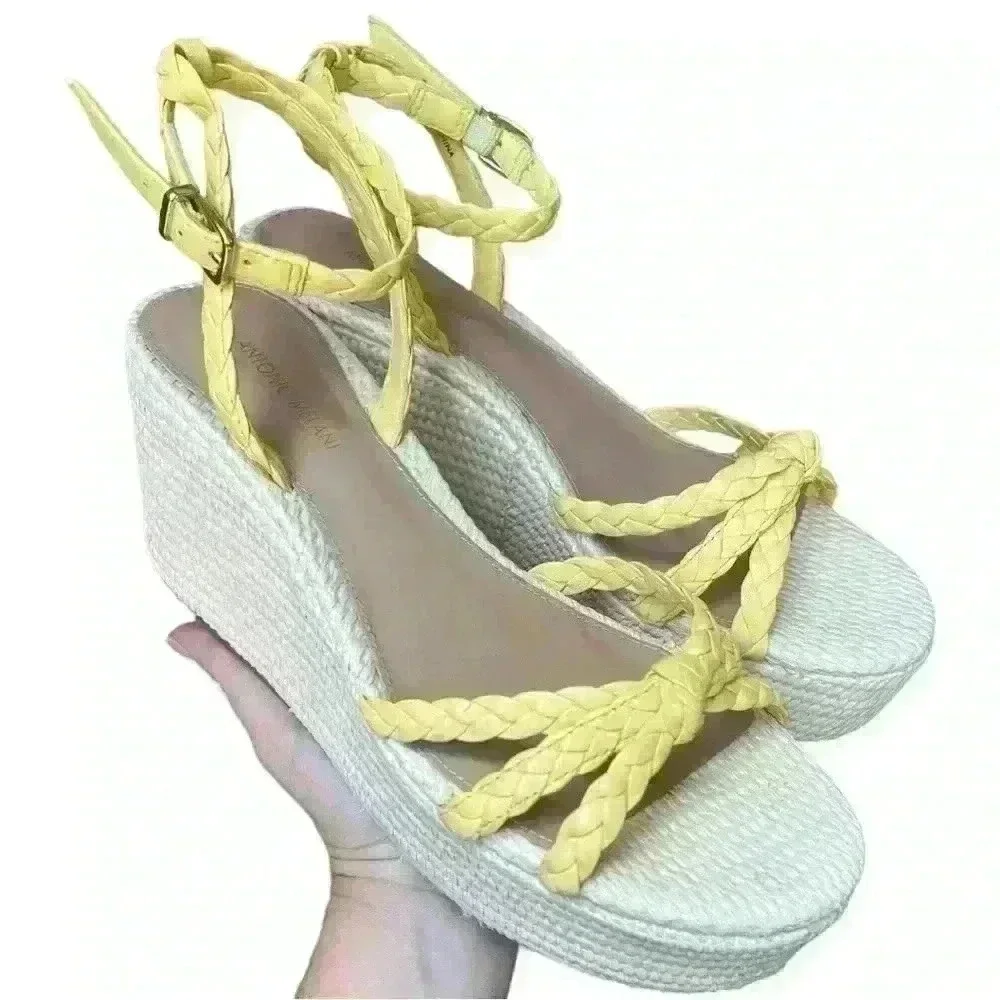 Antonio Melani Yellow Braided Leather Stacked Wedge Sandals 9.5